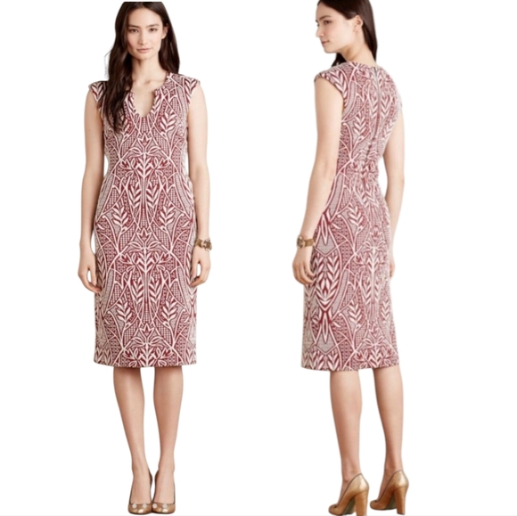 Anthropologie HD in Paris Jacquard Print Sheath Dress Bodycon Red Ivory - Picture 1 of 15